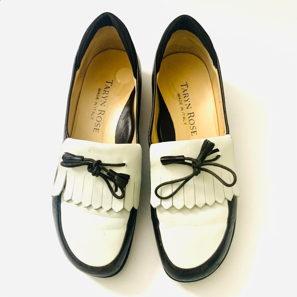 TARYN ROSE Tassel Colorblock Loafers Genuine Leather, brown and white
